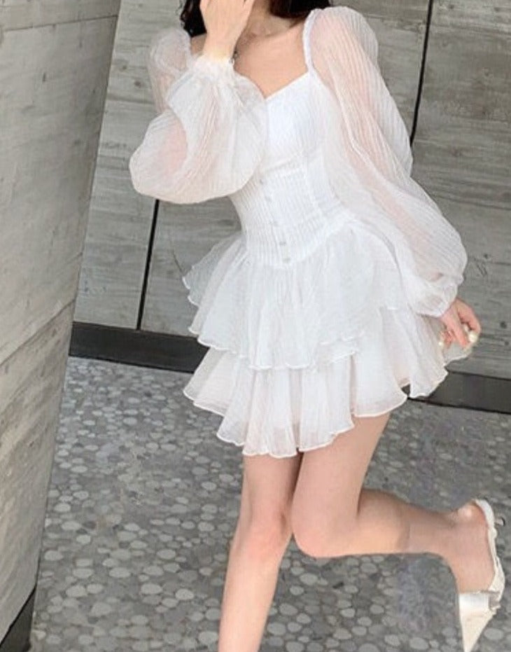 Darianrojas Sweet Y2k Mini Dress Woman Puff Sleeve Elegant Short Party Dress Casual Summer Pure Color One Piece Dress Korean Fashion