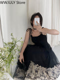 French Vintage Black Strap Dress Gothic Casual  Summer Sleeveless Sexy Retro Midi Dress Slim Korean Style Party Dress Woman