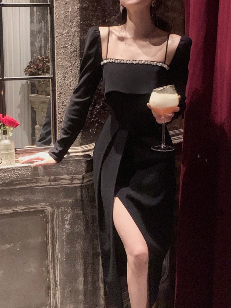 French Elegant Evening Party Dress Woman Vintage Black Midi Dress Long Sleeve Casual Slim Dress Korean Fashion Autumn Chic
