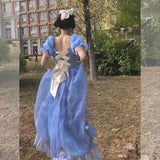 Darianrojas France Vintage Mesh Dress Women Summer Blue White Black Retro Evening Party Dresses Sweet Korean Princess Fairy Dress