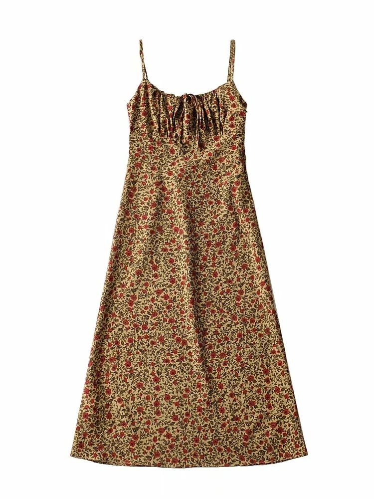Bohemian Brown Floral Print Backless Sling Dress Summer Holiday Woman Adjust Spaghetti Strap Dresses Beach Holiday Vestidos