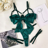 Bowknot Lingerie Open Bra Lace Up Sexy Underwear 3-Piece Satin Erotic Outfit Young Girls Uncensored Bilizna Set Of Sex