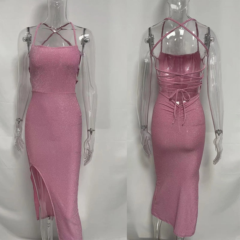 Pink Long Dress Glitter Backless Dress Women Sleeveless Bandage Shiny Dress Spaghetti Strap Bodycon High Split Bling Midi Dress