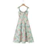 Women French Style Floral Print A-line Midi Sling Dress Sexy Sleeveless Front Slit Female Holiday Party Summer Dress