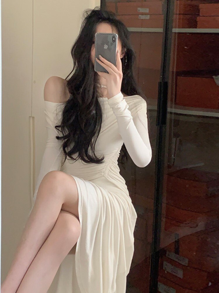 Darianrojas New Winter Sexy Elegant Midi Women Off Shoulder Dress Office Lady Korean Fashion Long Sleeve Evening Party Vestdios Robe