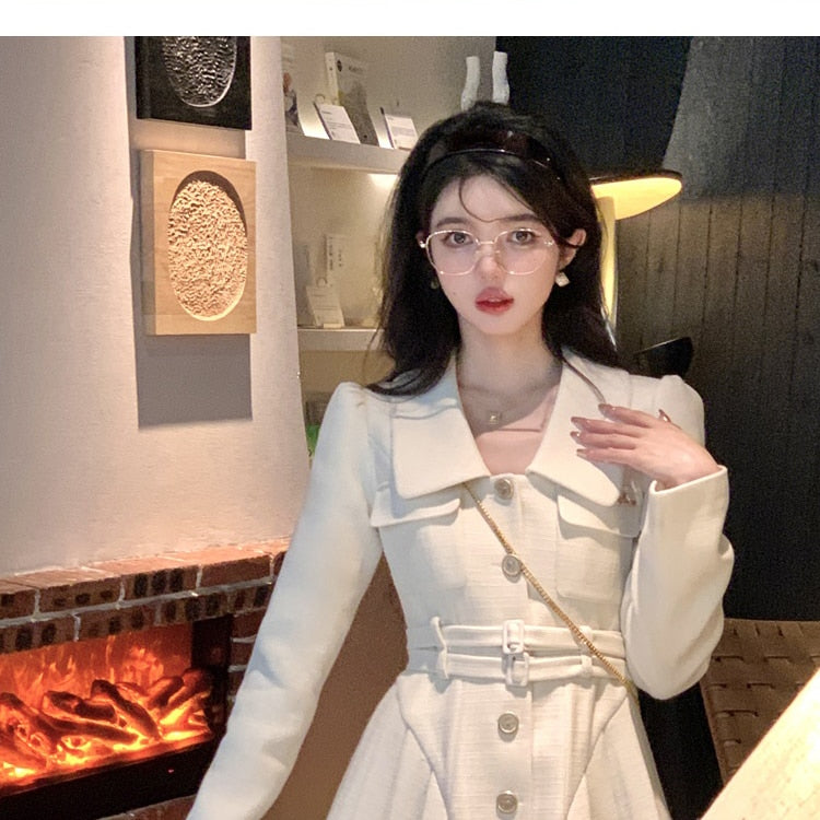 France Vintage Party Mini Dresses Women Korean Style Elegant Pleated Dress Female Warm Sweet Retro Dress Coat Autumn Winter