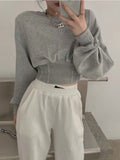 Korean Fashion Gray Hoodies Women Harajuku High Waist Cropped Sweatshirts Loose All-match Pullover Tops Kpop Streetwear