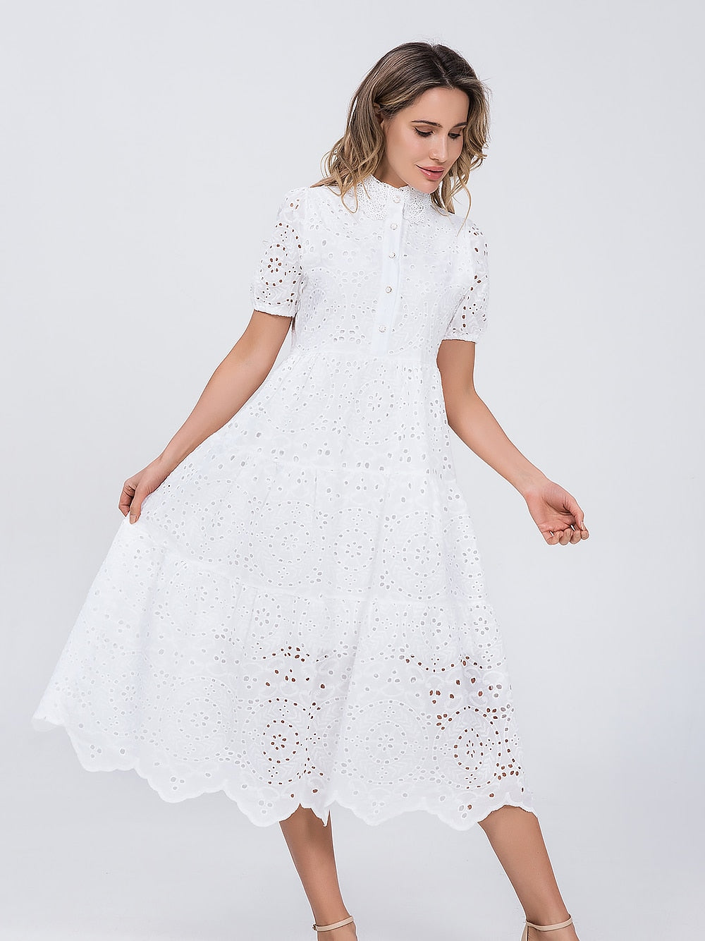 Marwin Cotton Hollow Out Summer White dress Women Holiday Perppy Casual High Waist Ruffled Mini dresses A-line frills vestido