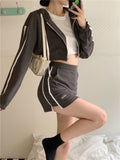 Y2K Vintage Striped Cropped Sweatshirts Women Harajuku Sexy Zipper Skirts Loose Casual 2Piece Sets Tracksuit Streetwear