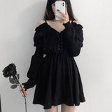 Large Size Gothic Women Black Mini Dress Sexy Off Shoulder High Waist Tunic Ladies Party Dress Long Sleeve V Neck Vestidos