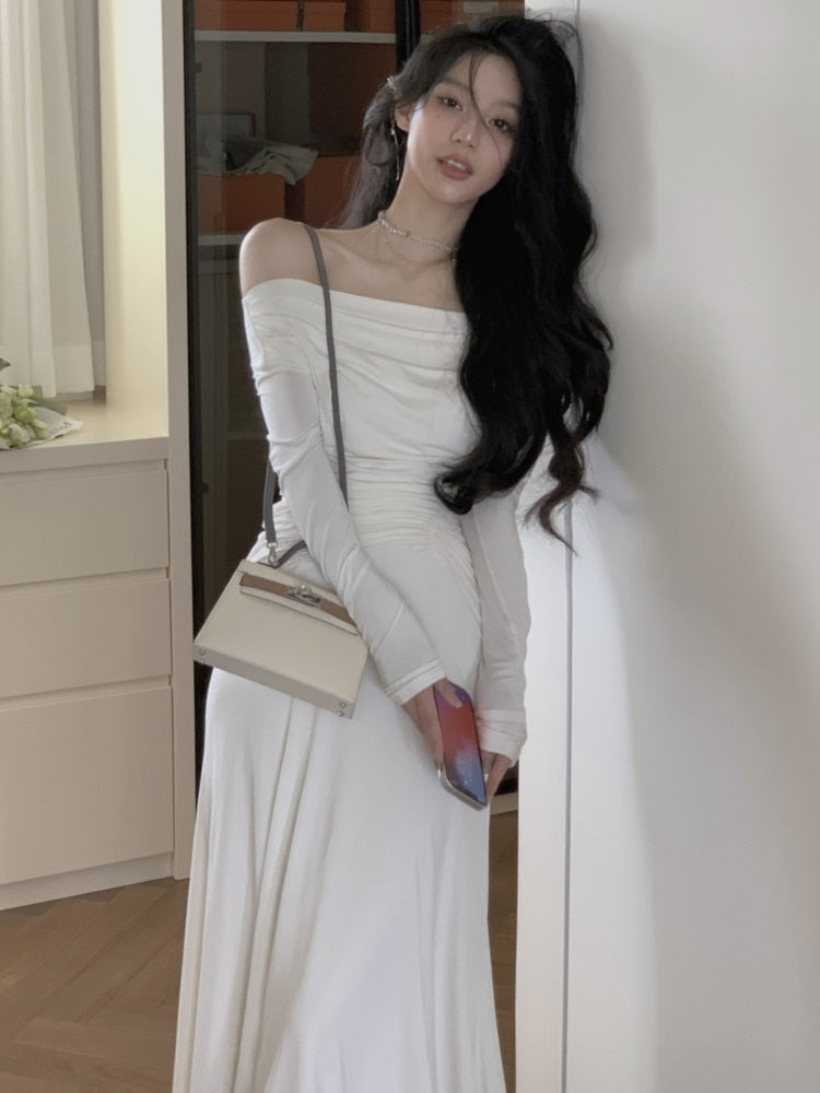 Darianrojas New Winter Sexy Elegant Midi Women Off Shoulder Dress Office Lady Korean Fashion Long Sleeve Evening Party Vestdios Robe