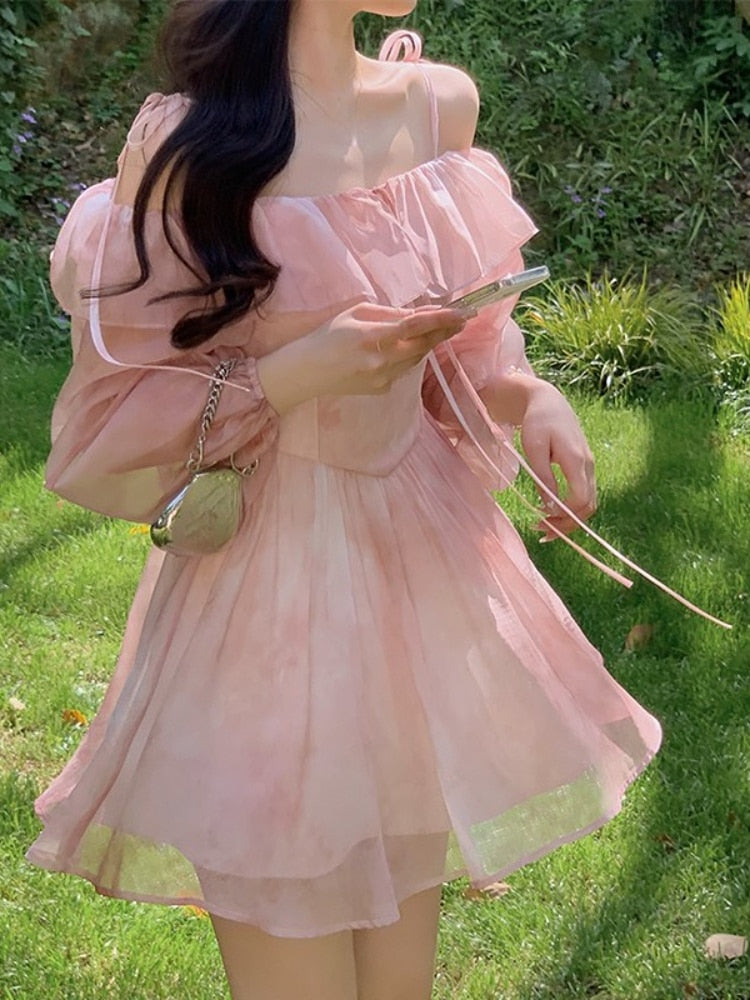 Summer Pink Elegant Sweet Dress Women Off Shoulder France Vintage Party Mini Dress Chiffon Korea Princess Fairy Dress Female New