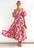 Summer Dresses for Women Print Off Shoulder Puff Sleeve Long Dress Backless High Waist A-line Beach Dress Vestido