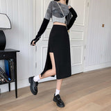 Side-slit Suit Skirts Women Mid-calf High Waist Korean Style A-line Skirt Summer Elegante All-match Streetwear Female Plus Size