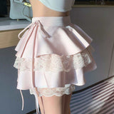 Kawaii Pink Ruffle Mini Skirt Women Fairycore Lace Double-layer Cute High Waist Bandage Sexy Short Skirt Coquette Lolita