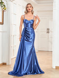 Sexy Evening Celebrity Dresses Ruched Side Slit Straps Ribbons Backless Long Satin Party Cocktail Gowns