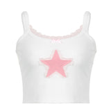 2000s Fashion Kawaii Lace Trim Pink Star Appliques White Cami Tops Y2K Coquette Aesthetic Straped Sleeveless Crop Tanks