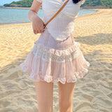 Kawaii Cute Ruffle Skirt Women Pink Sweet High Waist Lace Patchwork Fairycore Mesh A-line Mini Skirt Summer Mori Girl