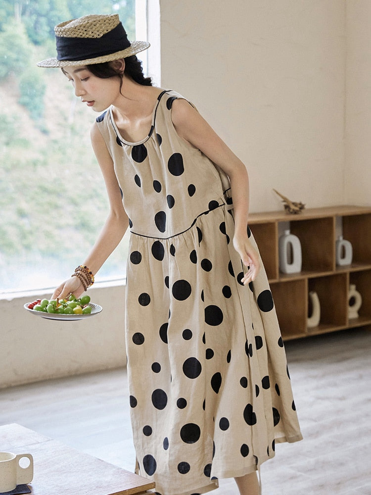 Summer Dress Korean Fashion New Arts Style Women Sleeveless Dot Print All-matched Casual Cotton Linen O-neck Tank Dresses