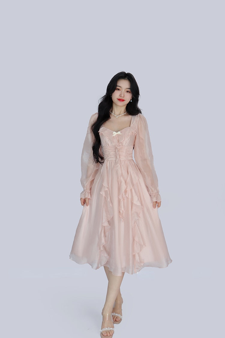 French Vintage Evening Party Midi Dress Women Pink Korean Style Sweet Dress Female Bubble Sleeve Elegant Fairy Dress Autumn