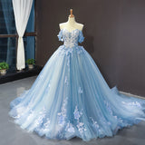 Blue Quinceanera Dresses New Classic Off The Shoulder Princess Prom Dress Lace Appliques Ball Gown With Small Train Custom Size