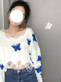 Korean Fashion Graphic Knitted Sweater Woman Harajuku Sweet Oversized Cropped Tops Off Shoulder Casual Loose Jumper Y2K