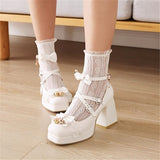 Lolita Shoes For Girl High Heel  Kids Chunky Heel Platform Shoe Bow-knot Black Square Toe Kids Pumps