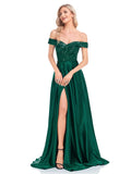 Elegant Sequins Evening Dress Women Off Shoulder Satin Prom Party Green Dress Floor Length A-Line Formal Gown