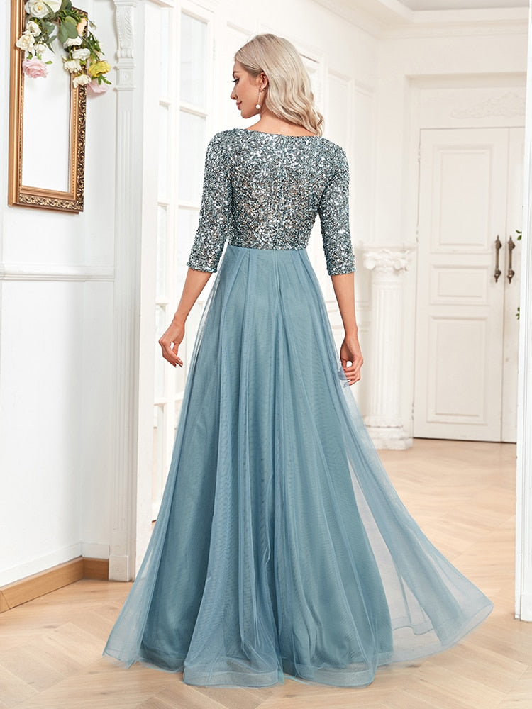 Lucyinlove Elegant V-neck Chiffon Blue Evening Dress Women Formal Prom Party Gown Sequins Long Sleeve Galadress Vestidos