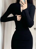 QWEEK Black Bodycon Knitted Dress Women Sexy Wrap Slim Short Dresses  Autumn Fall Solid Outfits Robes Femlae