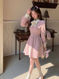 Autumn Pink Sweet Knitted Dress Women Bow France Vintage Elegant Mini Dress Female Long Sleeve Korean Style Chic Party Dress New