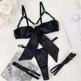 Bowknot Lingerie Open Bra Lace Up Sexy Underwear 3-Piece Satin Erotic Outfit Young Girls Uncensored Bilizna Set Of Sex