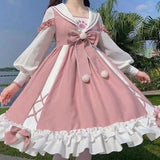 Darianrojas M-4XL Sweet Girly Pink Bow Lolita Dress Loose Long Sleeve Sweet Kawaii Tea Party Princess Cos Lolita OP Dress Fairy Kei