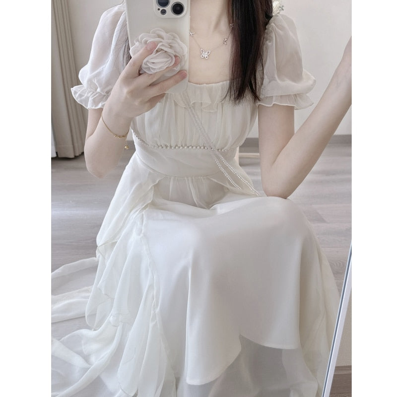 Women's Beaded Ruffle Sweet Fairy Chic White Elegant Dresses Summer Trendy Square Collar Short Sleeve High Waist Slim Midi Dress
