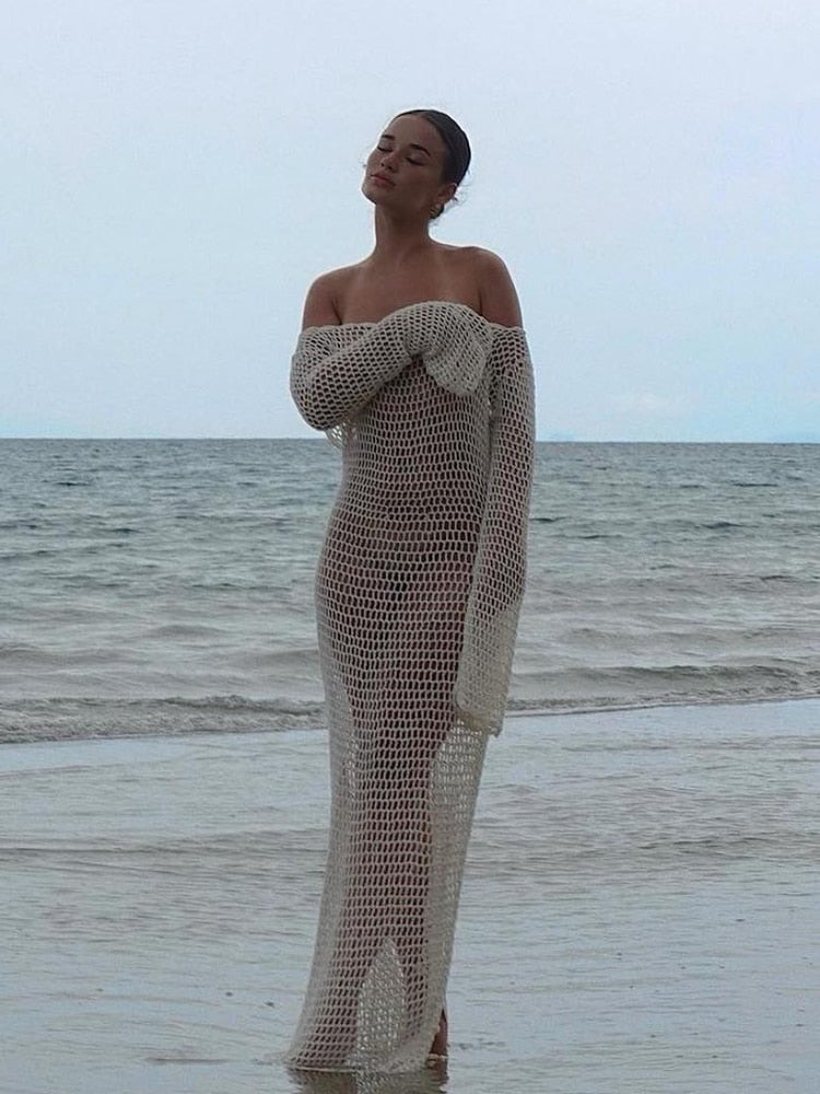 White Knit Beach Dress Crochet Bikini Cover Up Women Sexy Split Backless Maxi Dress Summer Long Sleeve Holiday Beachwear