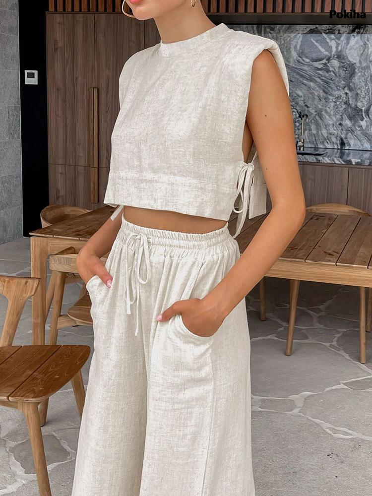 Summer Women Holiday Linen Pant Set Crop Tops Solid Outfits 2 Two Piece Matching Set For Women Sleeveless Casuals Fashion