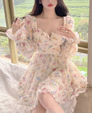Darianrojas Summer Sweet V-Neck Floral Chiffon Dress Women Elegant Long Sleeve Ruffles Party Mini Dresses Female Korean Chic Slim Vestidos