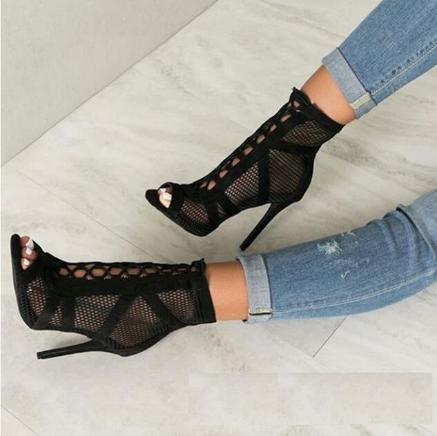Darianrojas New Fashion Show Black Net Suede Fabric Cross Strap Sexy High Heel Sandals Woman Shoes Pumps Lace-up Peep Toe Sandals