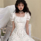 Korean Fashion White Mini Dresses Women French Stitching Wood Ears Lace Cross Lacing Up Short Sleeve Short Dress Holiday Clothin