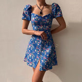 Summer Print Dress French Style Puff Sleeve Floral Off Shoulder Mini Dress Casual Corset Strapless Women Dress