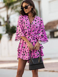 Women Batwing Sleeve Mini Dress Sexy V Neck Boho Floral Print High Waist Loose Dresses Summer Beach Holiday Robe Dress Vestidos