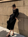 Vintage Knitting Maxi Wedding Dresses for Women Clothing O Neck Office Lady Casual Pockets Bodycon Midi Dress Winter  Black