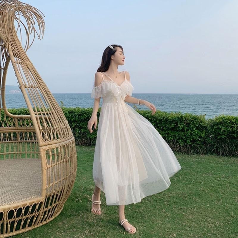 Darianrojas Sweet Kawaii Fairy Princess Mesh Dress Elegant White Spaghetti Strap Off Shoulder Party Dresses Woman Vacation