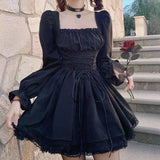 Darianrojas Long Sleeves Lolita Black Dress Goth Aesthetic Puff Sleeve High Waist Vintage Bandage Lace Trim Party Gothic Clothes Dress Woman