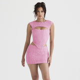 Mingmingxi Pink Sleeveless 2 Piece Dress Set Sexy Cut Out Holiday Party Dresses Casual Cropped Top and Mini Skirt Women