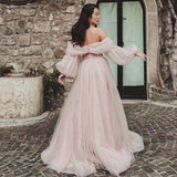 Darianrojas Pink Shiny Tulle Prom Dresses Off The Shoulder Long Puff Sleeve Evening Party Gowns Slit Women Arabia Wedding Dress