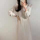 Solid Korean O-Neck Puff Sleeve Dress for Women Pleated Dress Long Sleeve Slim Midi Party Dresses Elegant Spring