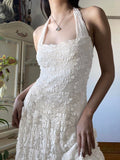 Darianrojas Vintage Fairycore White Halter Neck White Jacquard Lace Dress Women Backless Y2K Fashion Design Long Dresses Sundress