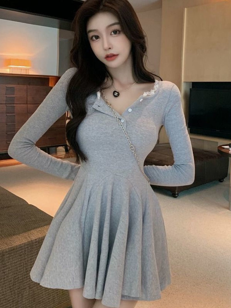 Knitted Black Wrap Dress Women Korean Style Bodycon Lace Long Sleeve Short Dresses  Autumn Kpop Outfits Solid