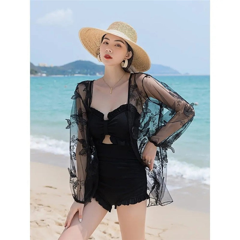 Darianrojas Women One Piece Swimsuit With Lace Cover Korean Fashion Summer Beach Wear Padded Push Up Bath Suit Monokini Maillot De Bain